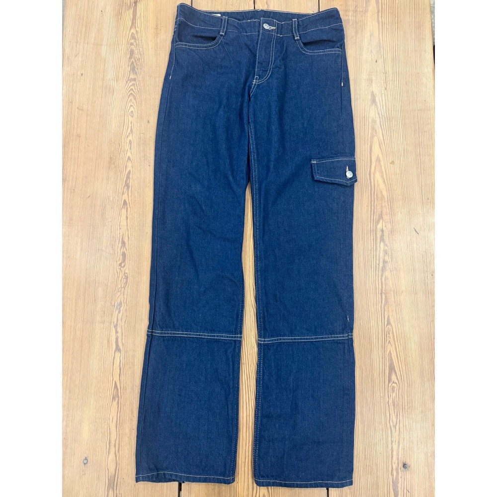 Zara Dark Wash Straight Leg Cargo Jeans Contrast Stitch Zip Hem Blue Womens 6
